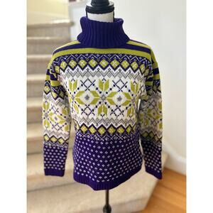Vintage 90s Purple, Lime Green, & Metallic Silver Snowflake Fair Isle Turtleneck